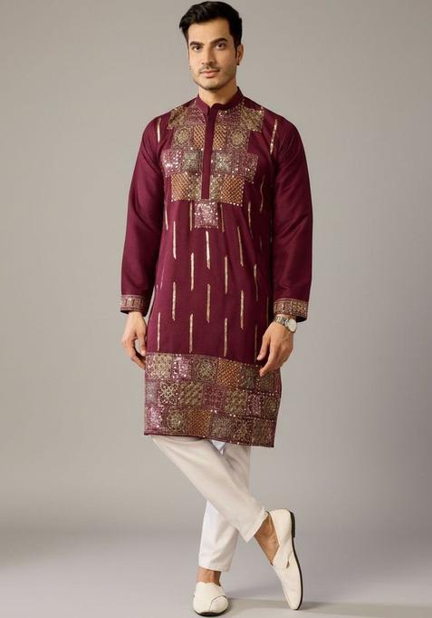 Maroon Embroidered Cotton Kurta Set For Men