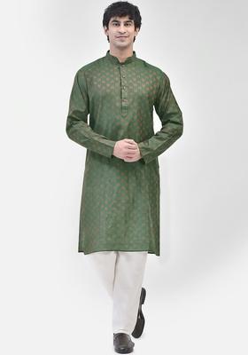 Green Woven Design Cotton Kurta Set For Men