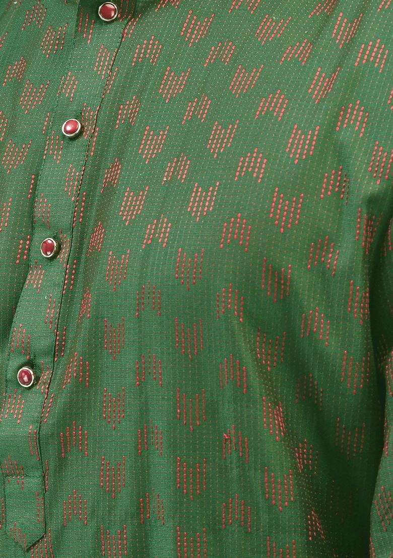 Green Woven Design Cotton Kurta Set For Men - Indya