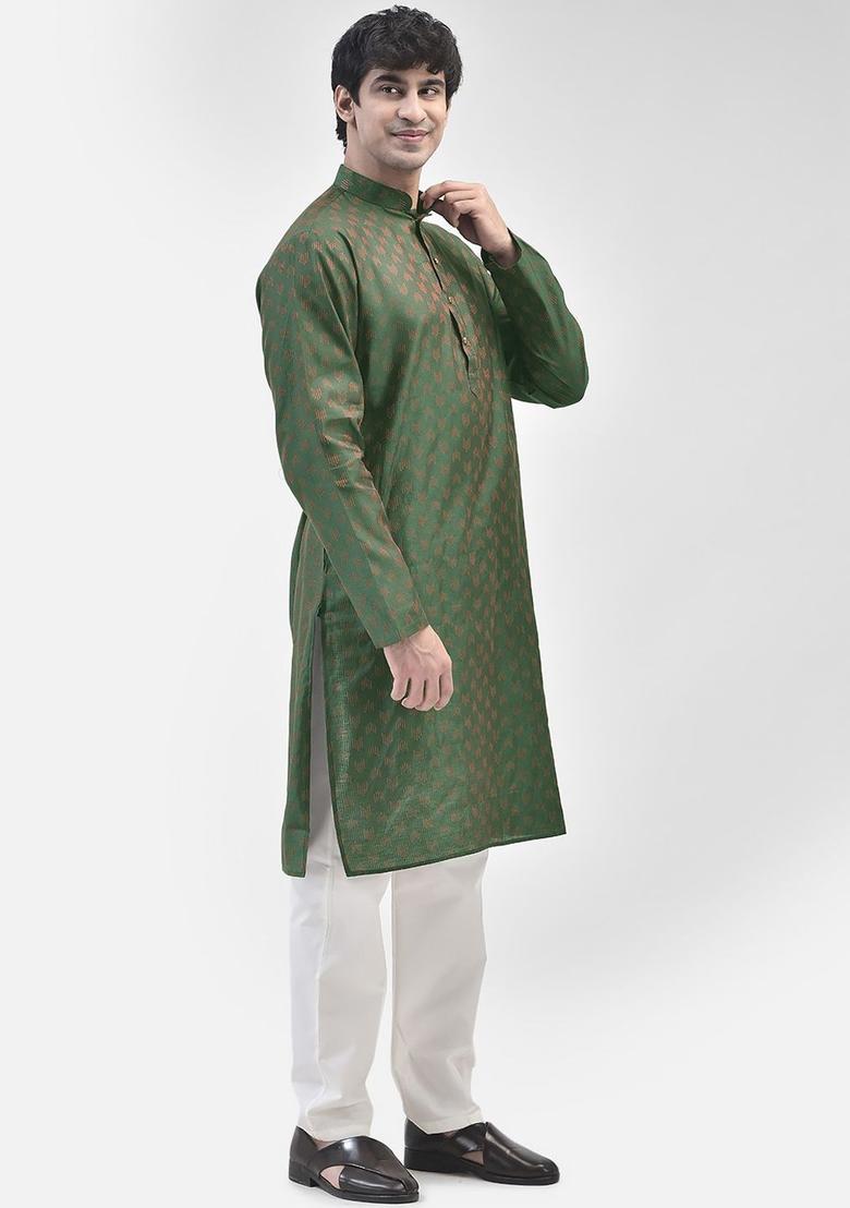 Green Woven Design Cotton Kurta Set For Men - Indya