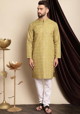 Olive Printed Cotton Kurta Set For Men