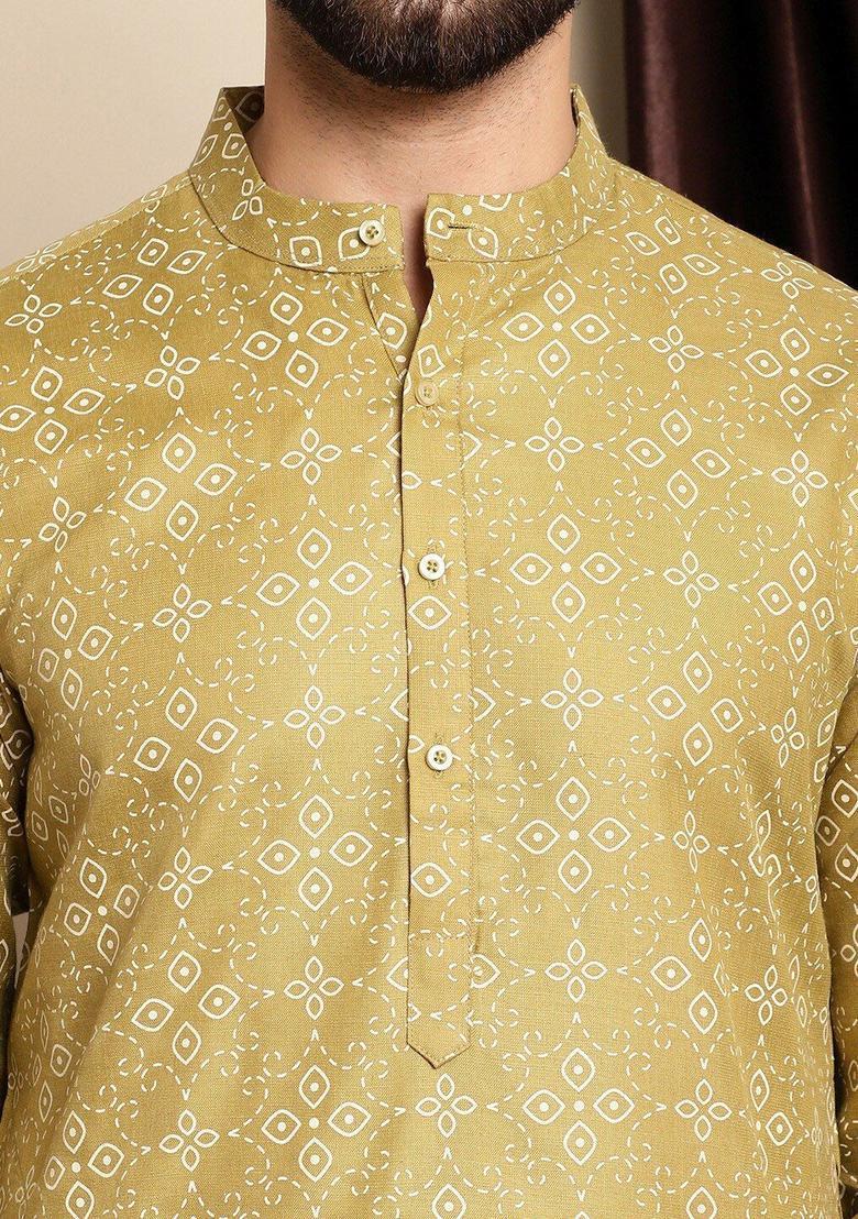 Olive Printed Cotton Kurta Set For Men - Indya