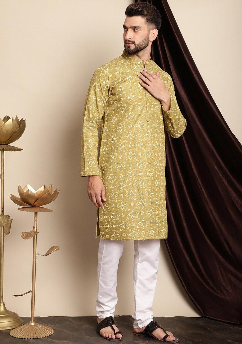 Olive Printed Cotton Kurta Set For Men - Indya
