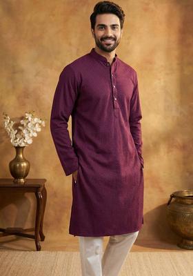 Maroon Self Design Viscose Kurta Set For Men