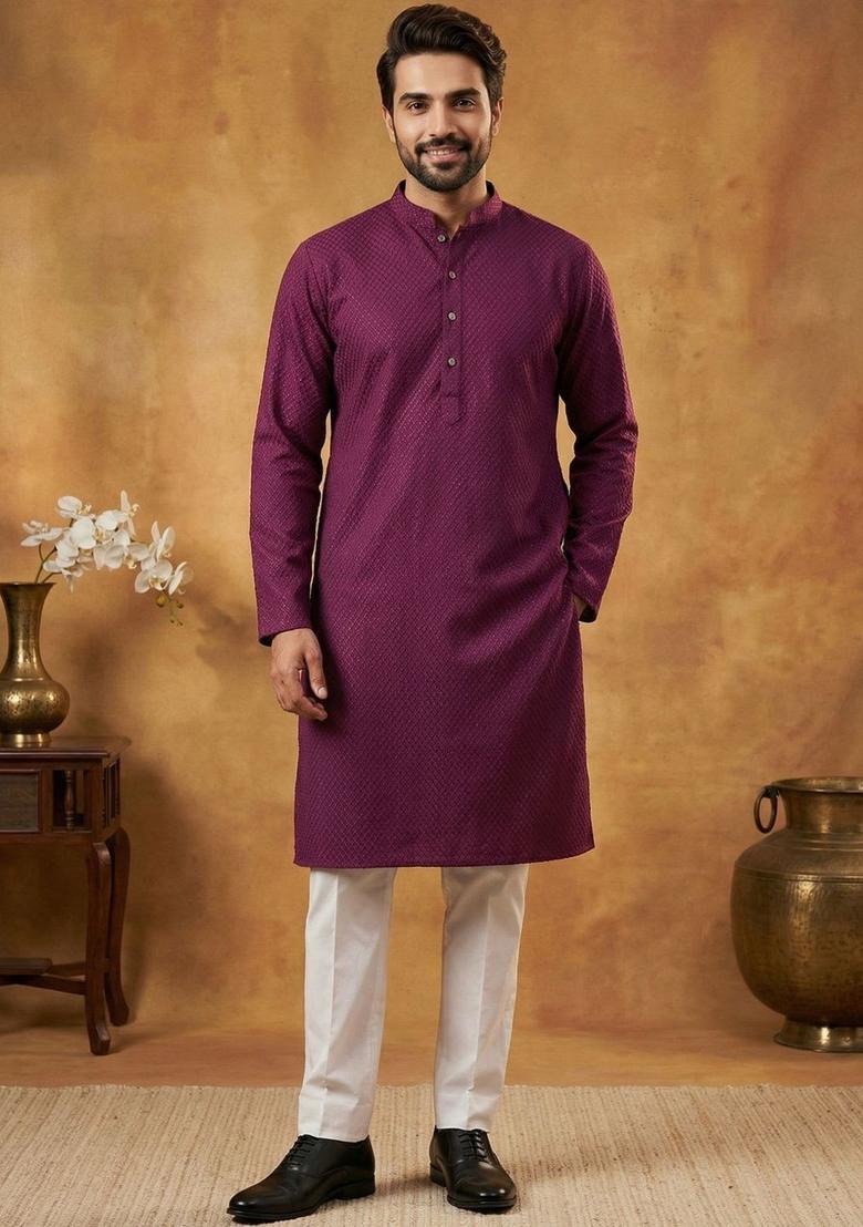 Maroon Self Design Viscose Kurta Set For Men - Indya