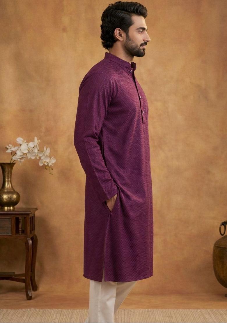 Maroon Self Design Viscose Kurta Set For Men - Indya