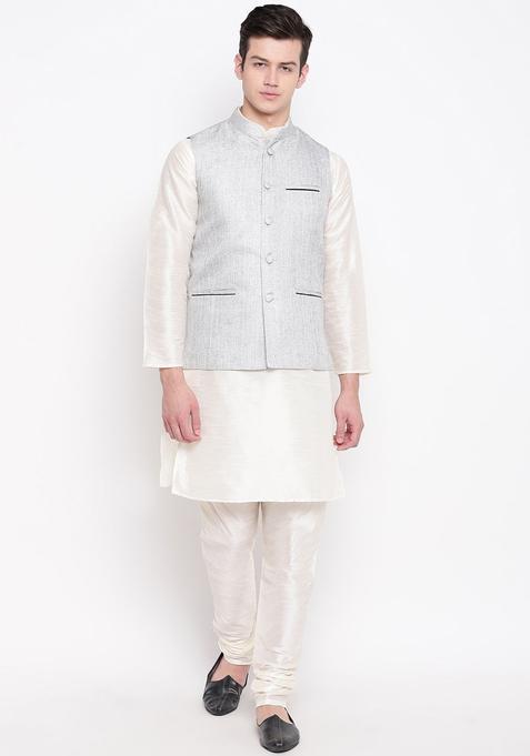 Beige Solid Silk Kurta Set For Men