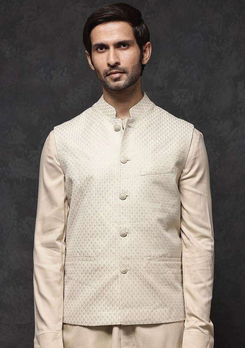 Beige Solid Viscose Kurta Set For Men - Indya