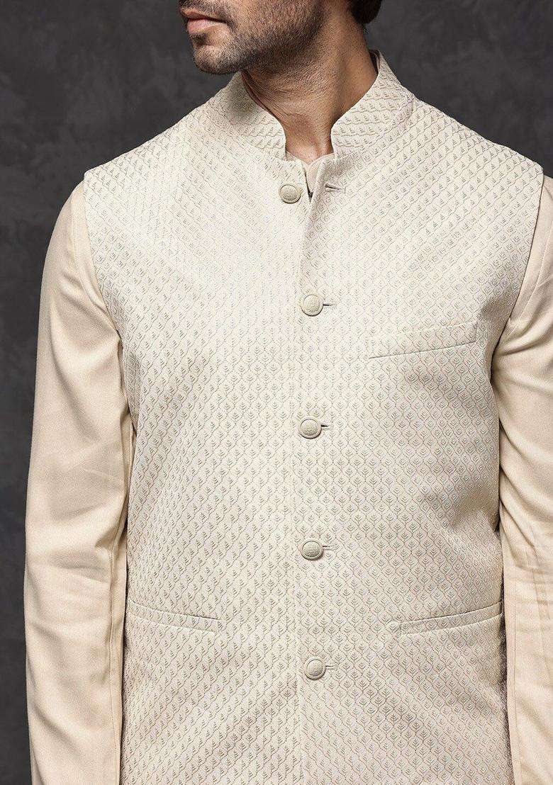 Beige Solid Viscose Kurta Set For Men - Indya