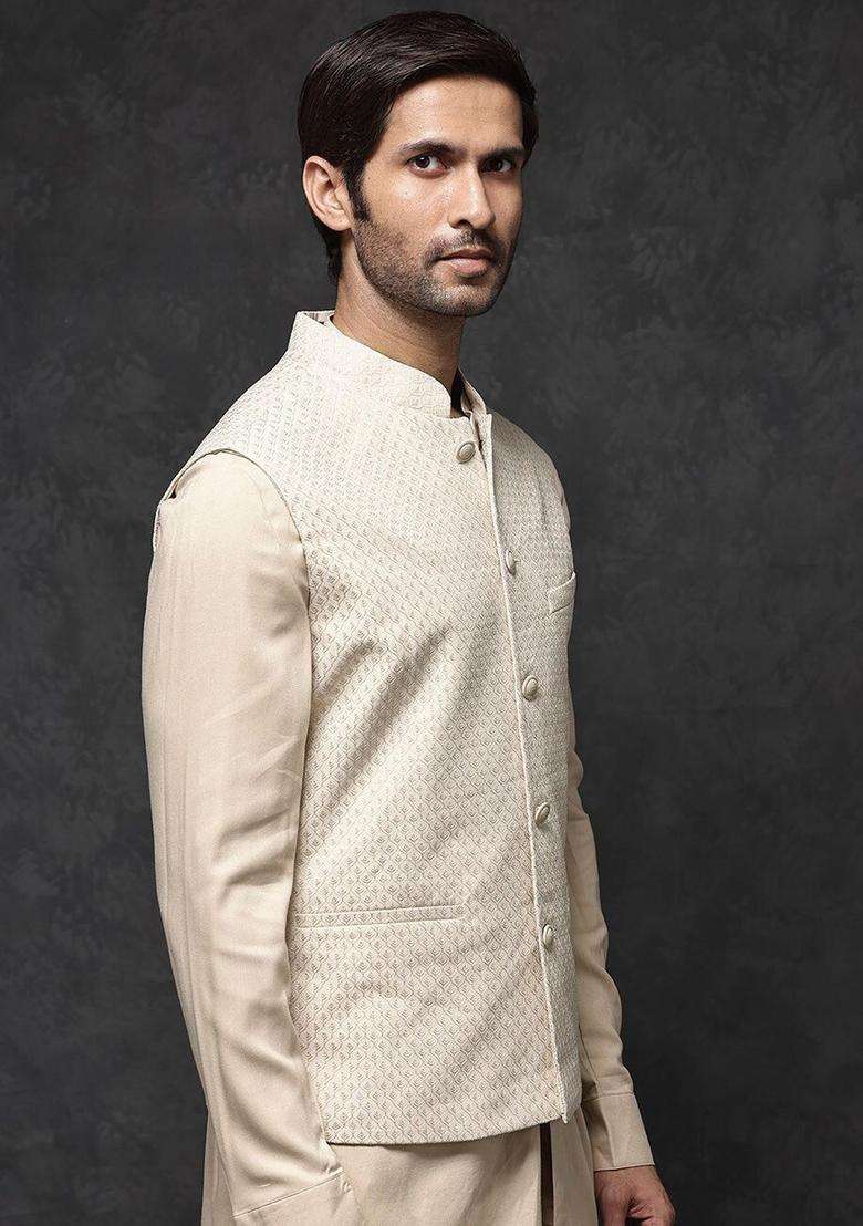 Beige Solid Viscose Kurta Set For Men - Indya