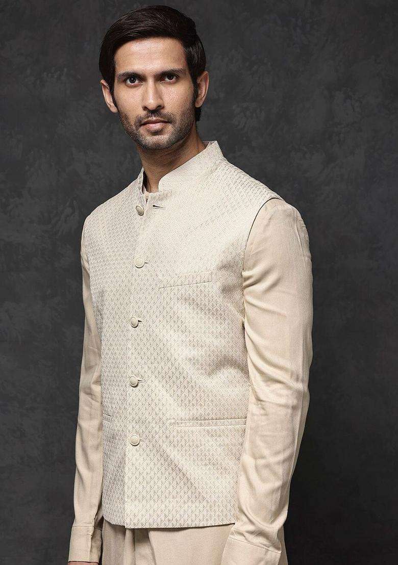 Beige Solid Viscose Kurta Set For Men - Indya