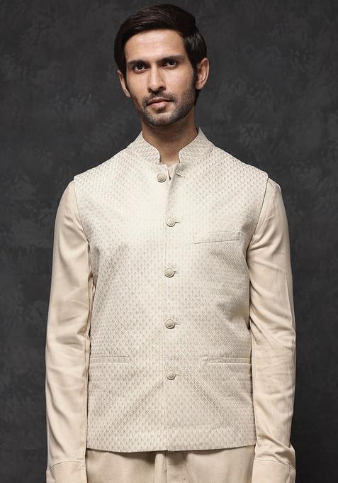 Beige Solid Viscose Kurta Set For Men