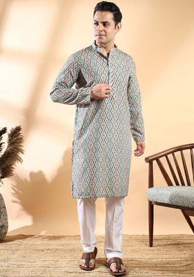 Green Woven Design Cotton Kurta Set For Men