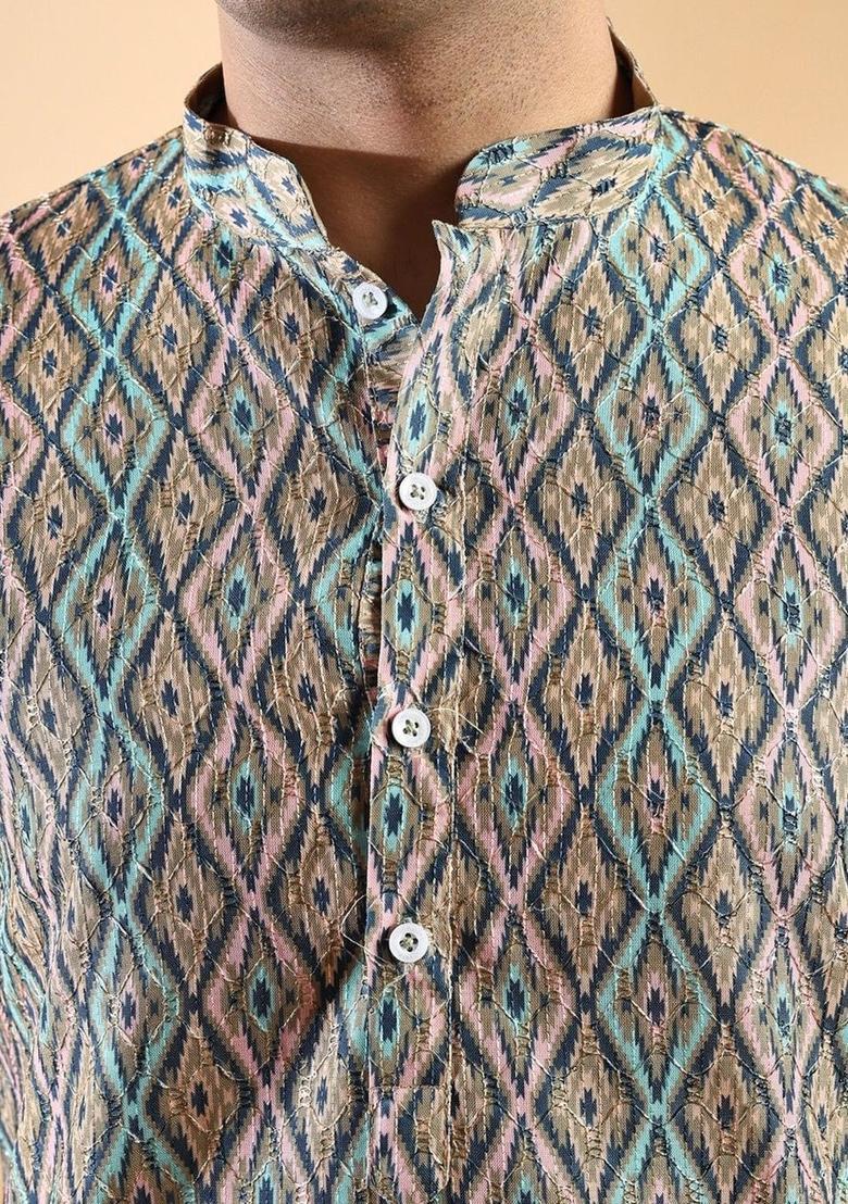 Green Woven Design Cotton Kurta Set For Men - Indya