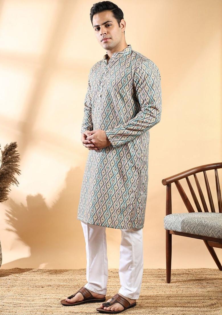 Green Woven Design Cotton Kurta Set For Men - Indya