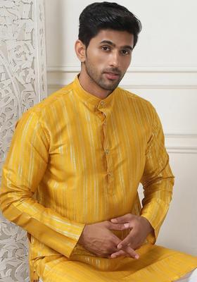 Yellow Striped Cotton Kurta Set For Men