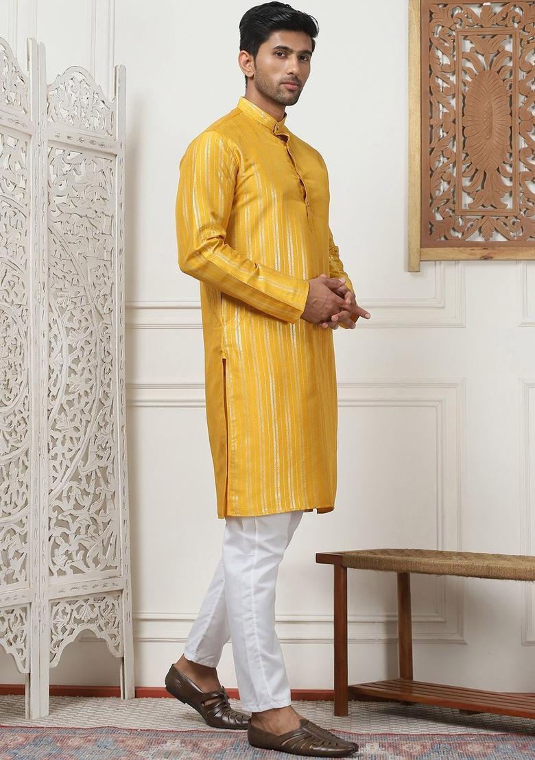 Yellow Striped Cotton Kurta Set For Men - Indya