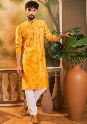 Yellow Printed Viscose Kurta Set For Men