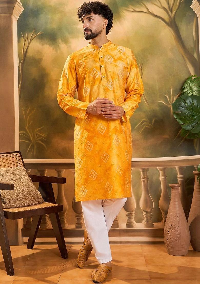 Yellow Printed Viscose Kurta Set For Men - Indya