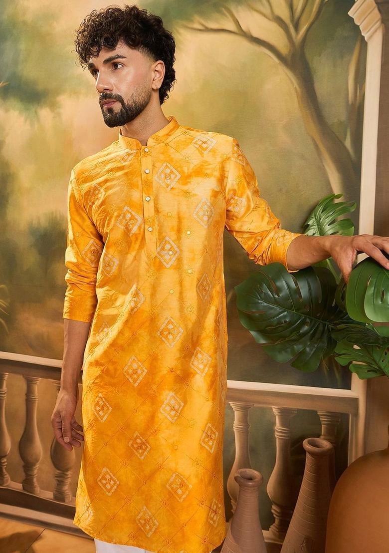 Yellow Printed Viscose Kurta Set For Men - Indya