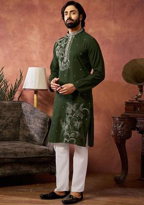 Olive Embroidered Cotton Kurta Set For Men