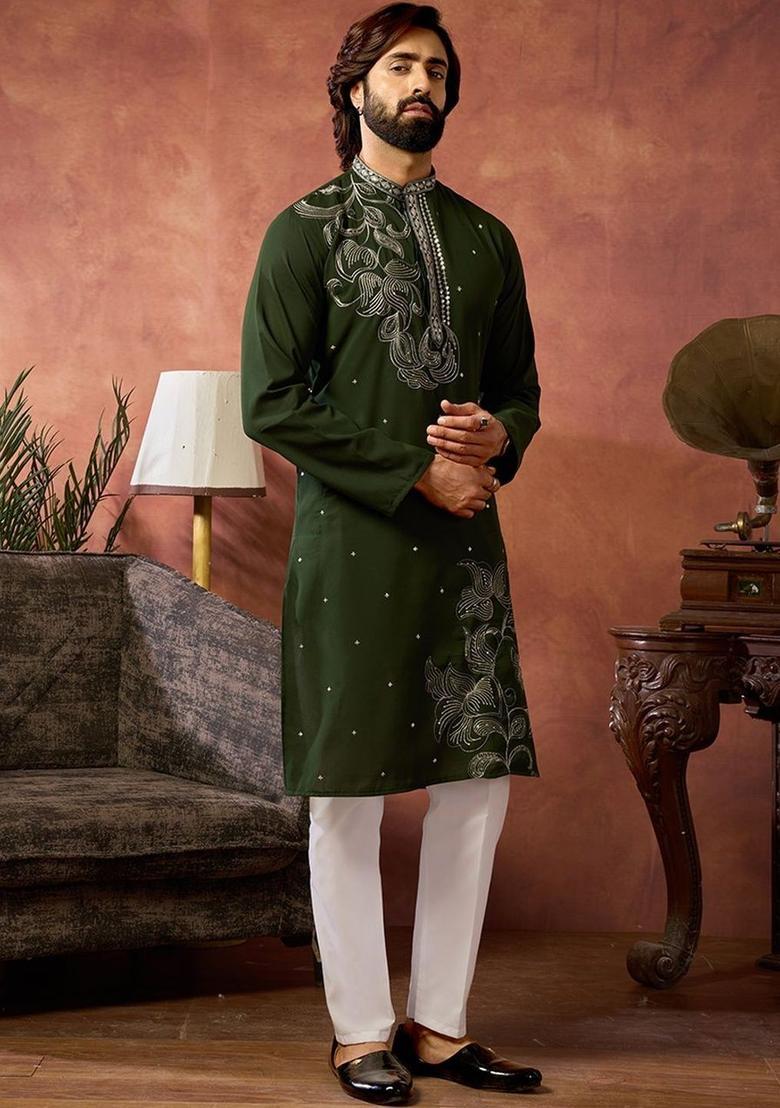 Olive Embroidered Cotton Kurta Set For Men - Indya