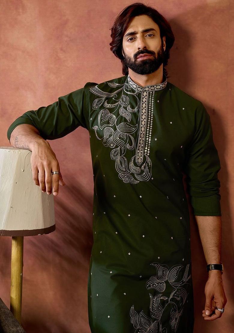 Olive Embroidered Cotton Kurta Set For Men - Indya