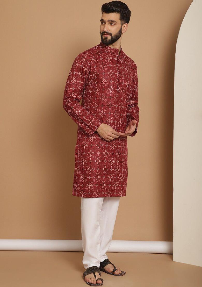 Maroon Printed Cotton Kurta Set For Men - Indya