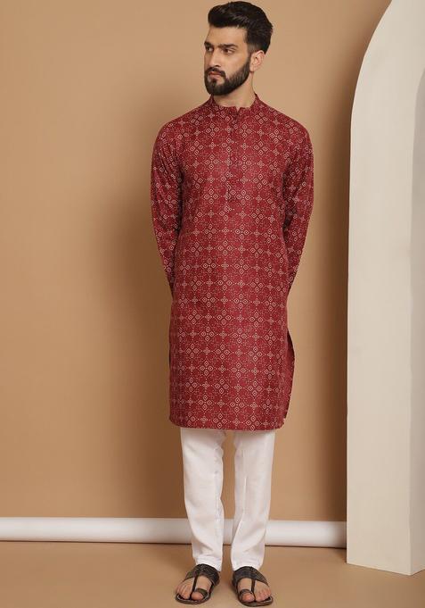 Maroon Printed Cotton Kurta Set For Men