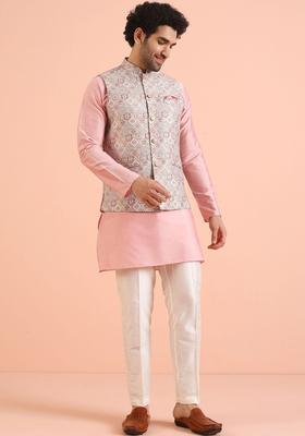 Peach Woven Design Silk Kurta Set For Men