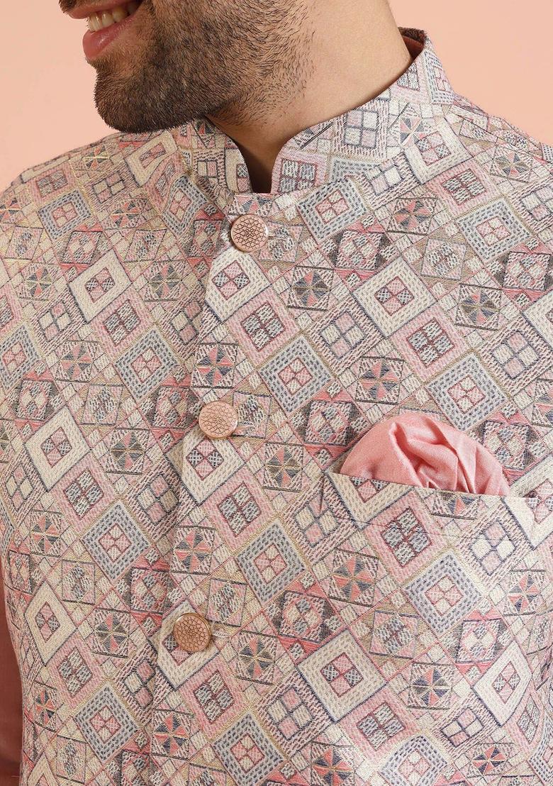 Peach Woven Design Silk Kurta Set For Men - Indya