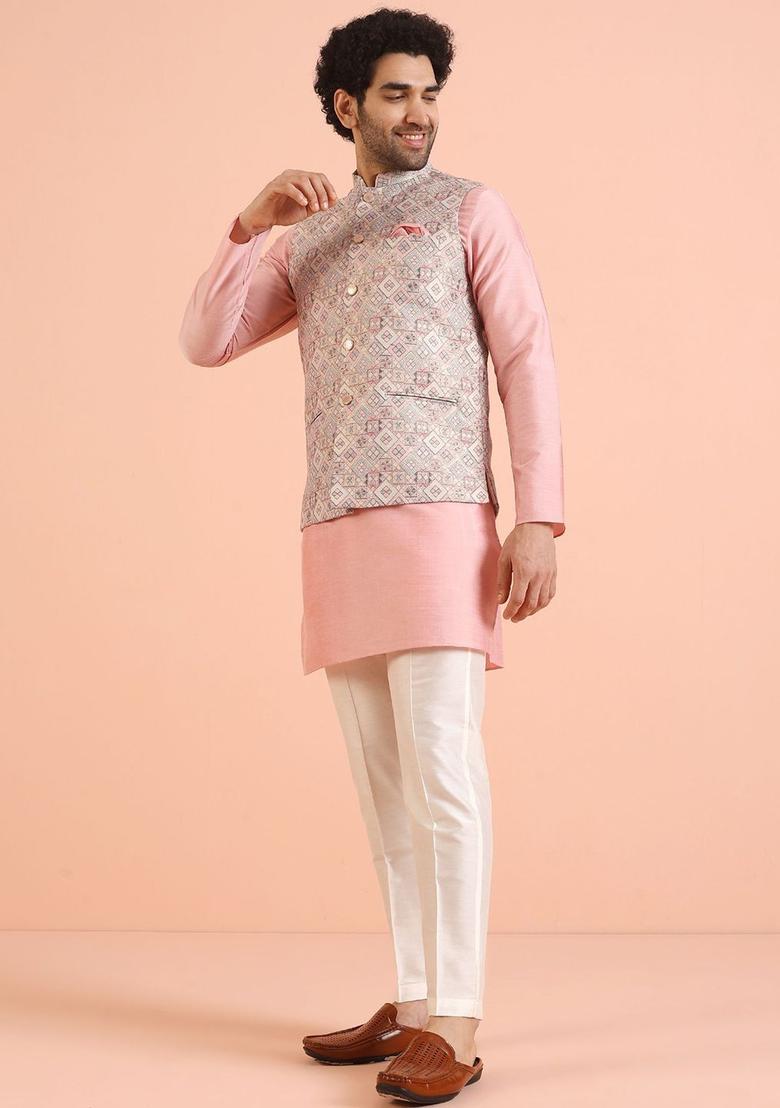 Peach Woven Design Silk Kurta Set For Men - Indya
