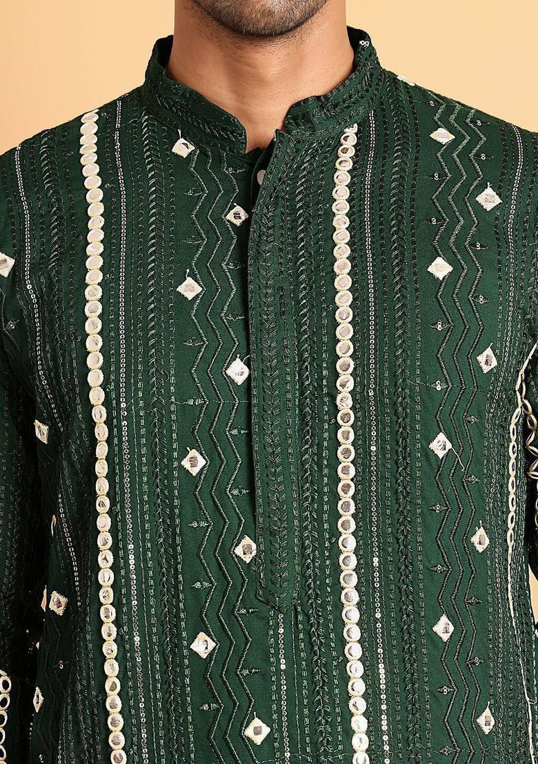 Olive Embroidered Silk Kurta Set For Men - Indya