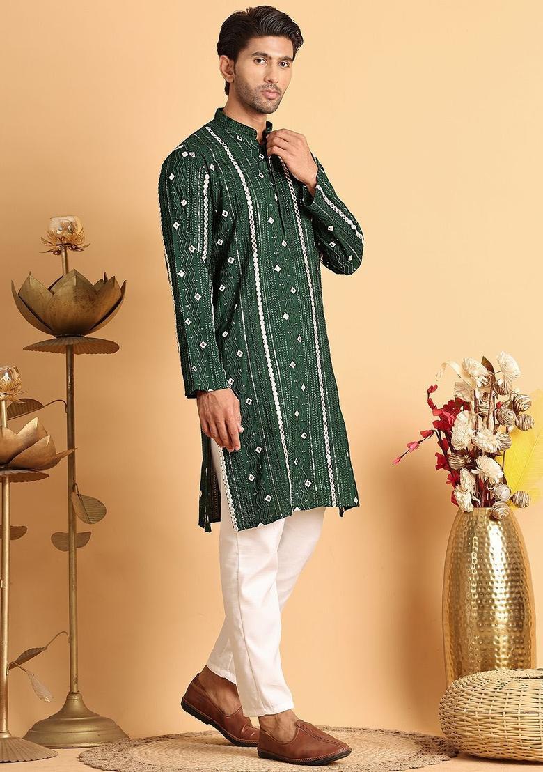 Olive Embroidered Silk Kurta Set For Men - Indya