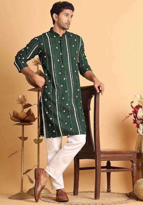 Olive Embroidered Silk Blend Kurta Set For Men
