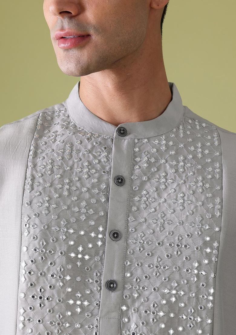 Grey Embroidered Polyester Kurta Set For Men - Indya