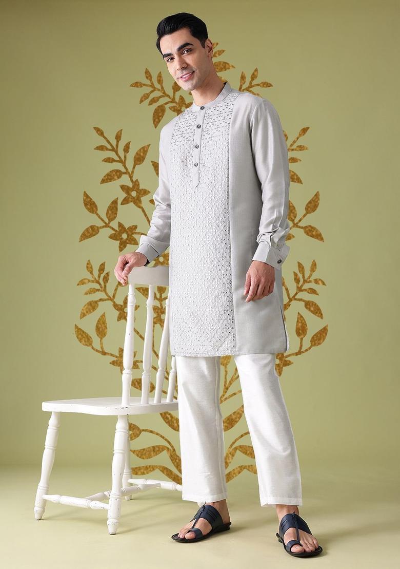 Grey Embroidered Polyester Kurta Set For Men - Indya