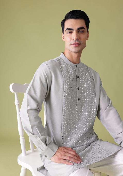Grey Embroidered Polyester Kurta Set For Men