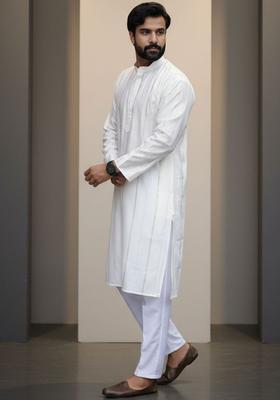 White Self Design Silk Kurta Set For Men