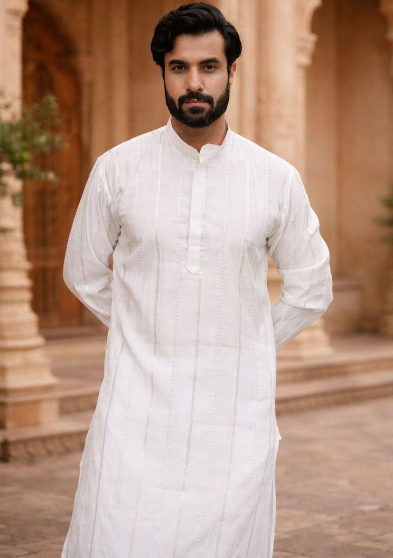 White Self Design Silk Kurta Set For Men - Indya