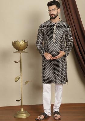 Beige Embroidered Cotton Kurta Set For Men