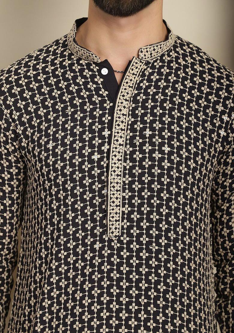 Beige Embroidered Cotton Kurta Set For Men - Indya