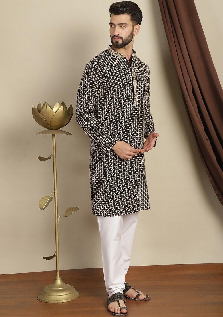 Beige Embroidered Cotton Kurta Set For Men - Indya