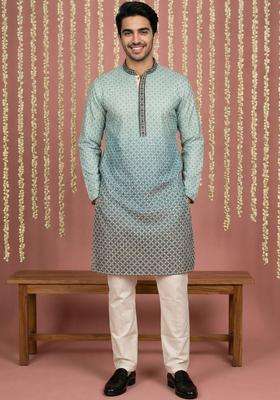Blue Printed Viscose Kurta Set For Men