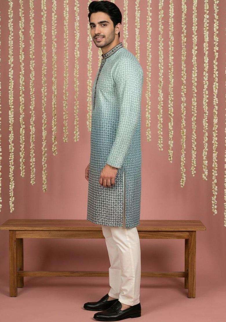 Blue Printed Viscose Kurta Set For Men - Indya