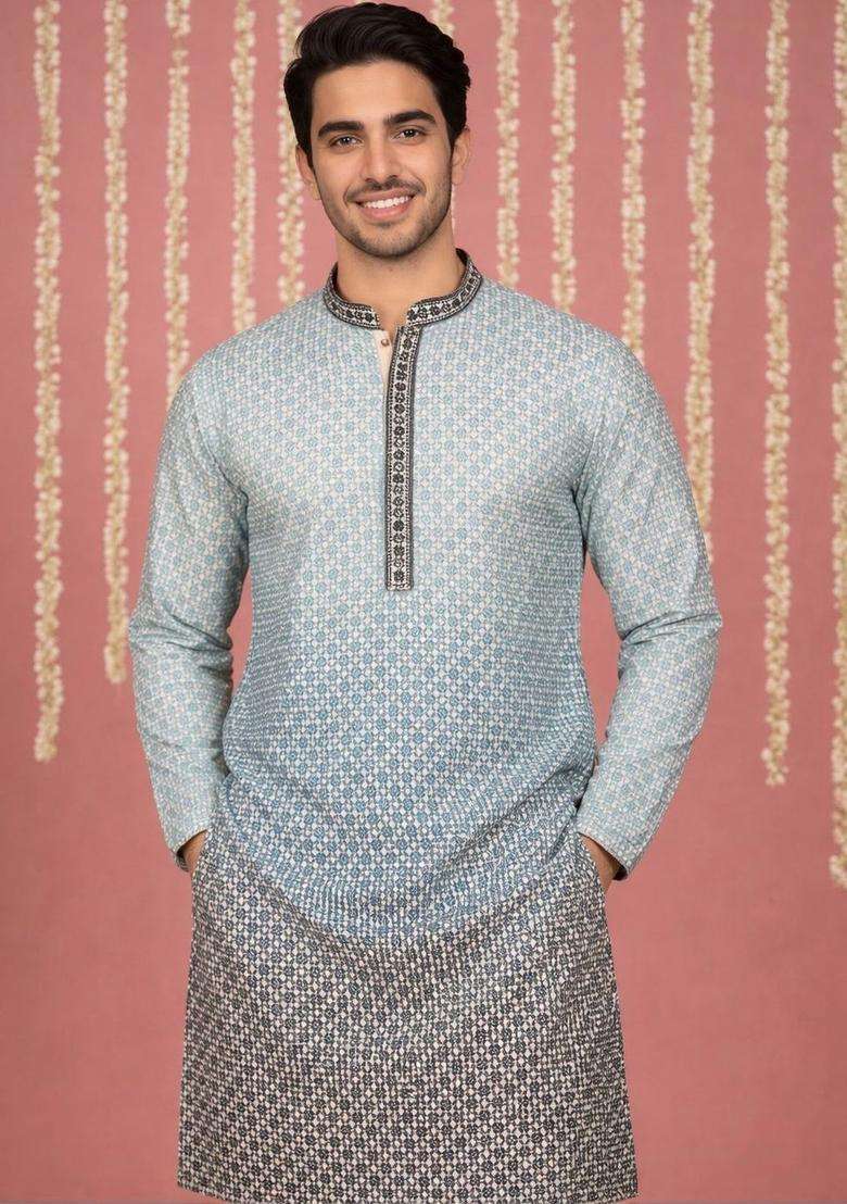 Blue Printed Viscose Kurta Set For Men - Indya