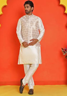 Beige Woven Design Silk Kurta Set For Men