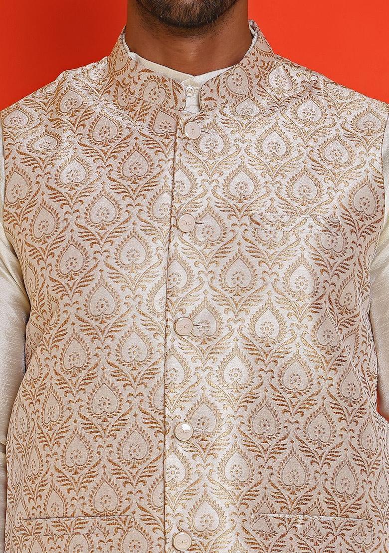 Beige Woven Design Silk Kurta Set For Men - Indya
