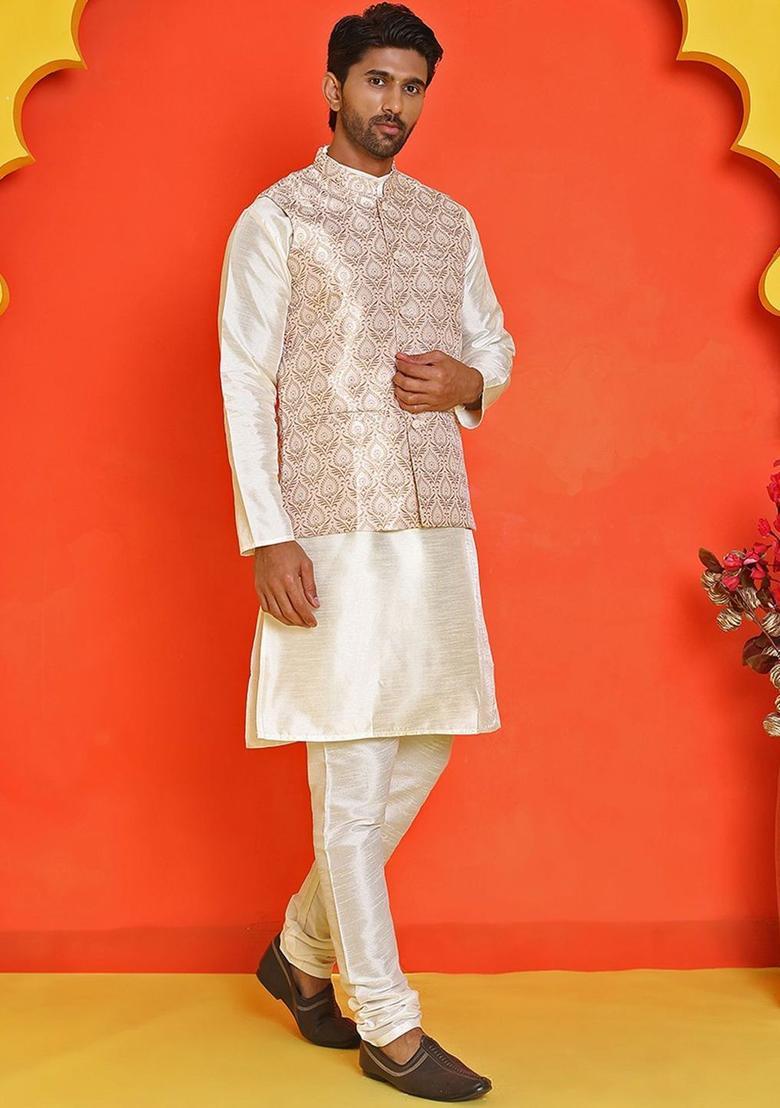 Beige Woven Design Silk Kurta Set For Men - Indya