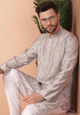 Grey Printed Viscose Kurta Set For Men